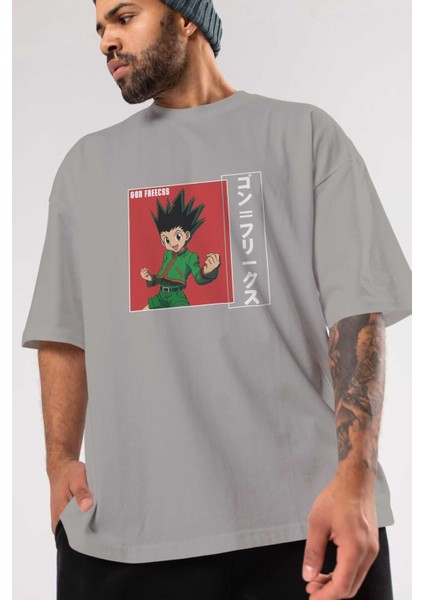 Gon Freecss Hunter x Hunter 5 Anime Ön Baskılı Gri Oversize T-Shirt %100 Pamuk Erkek Kadın modelleri