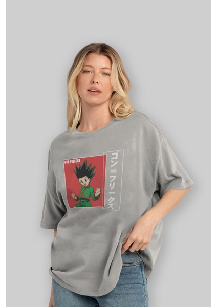 Gon Freecss Hunter x Hunter 5 Anime Ön Baskılı Gri Oversize T-Shirt %100 Pamuk Erkek Kadın fırsatları