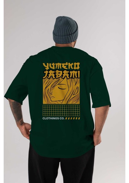 Yumeko Jadami Arka Baskılı Zümrüt Yeşili Oversize T-Shirt Erkek Kadın Bisiklet Yaka