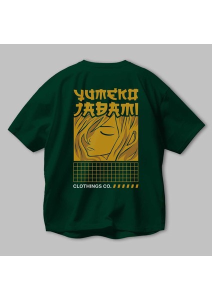 Yumeko Jadami Arka Baskılı Zümrüt Yeşili Oversize T-Shirt Erkek Kadın Bisiklet Yaka modelleri