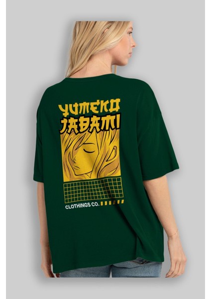 Yumeko Jadami Arka Baskılı Zümrüt Yeşili Oversize T-Shirt Erkek Kadın Bisiklet Yaka fırsatları