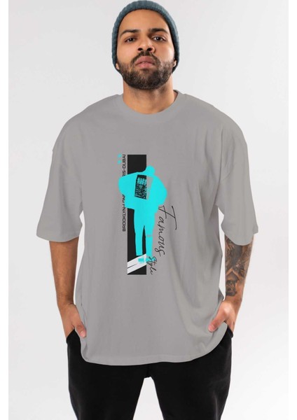 Brooklyn Style Ön Baskılı Gri Oversize T-Shirt Unisex Erkek Kadın Bisiklet Yaka
