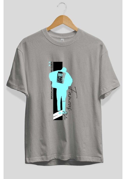 Brooklyn Style Ön Baskılı Gri Oversize T-Shirt Unisex Erkek Kadın Bisiklet Yaka fiyatları