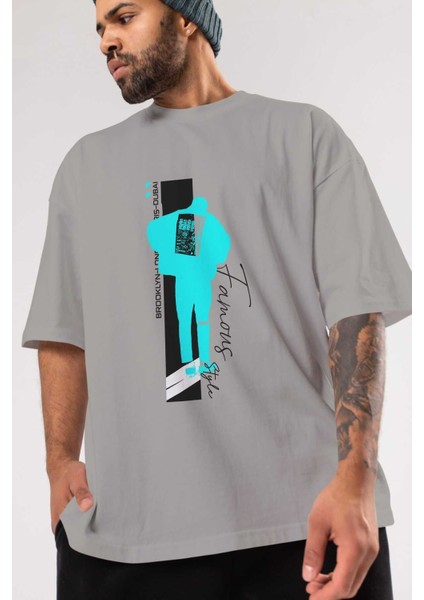 Brooklyn Style Ön Baskılı Gri Oversize T-Shirt Unisex Erkek Kadın Bisiklet Yaka modelleri