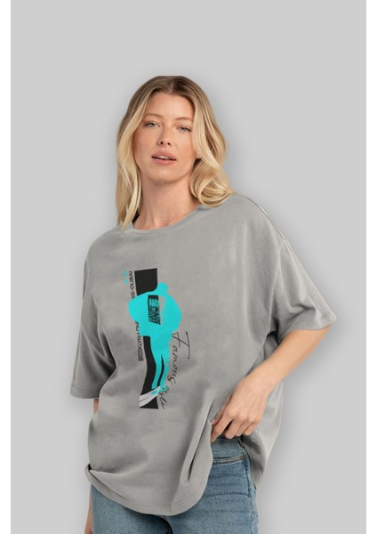 Brooklyn Style Ön Baskılı Gri Oversize T-Shirt Unisex Erkek Kadın Bisiklet Yaka fırsatları