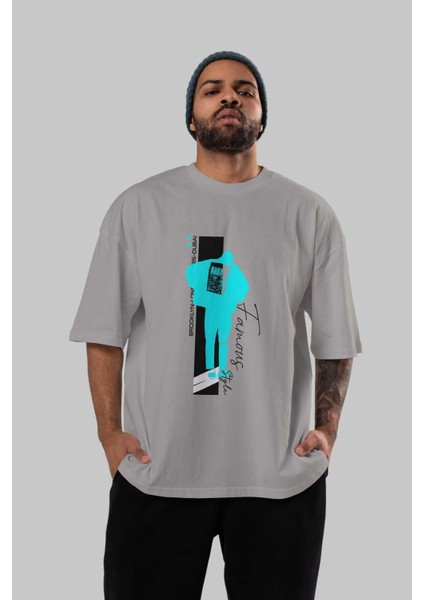Brooklyn Style Ön Baskılı Gri Oversize T-Shirt Unisex Erkek Kadın Bisiklet Yaka indirimleri