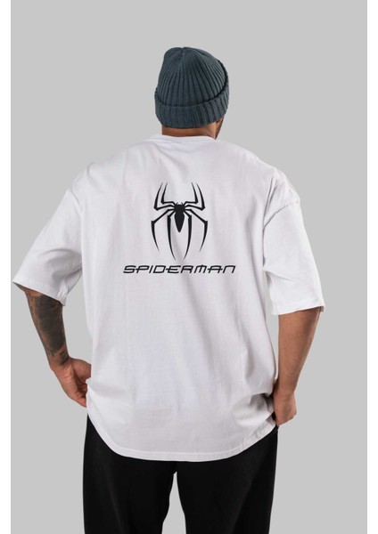 Spiderman Arka Baskılı Beyaz Oversize T-Shirt Erkek Kadın Bisiklet Yaka