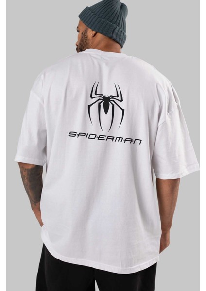 Spiderman Arka Baskılı Beyaz Oversize T-Shirt Erkek Kadın Bisiklet Yaka indirimleri