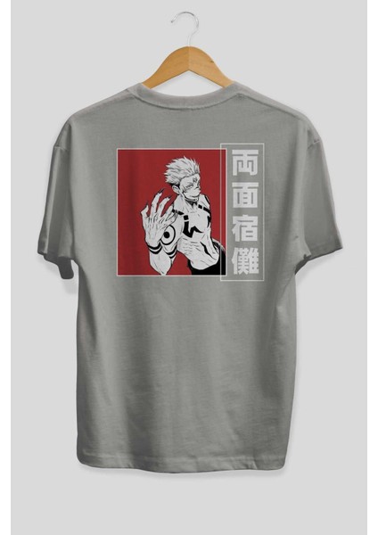 Sukuna Ryoumen 2 Anime Arka Baskılı Gri Oversize T-Shirt %100 Pamuk Erkek Kadın fiyatları