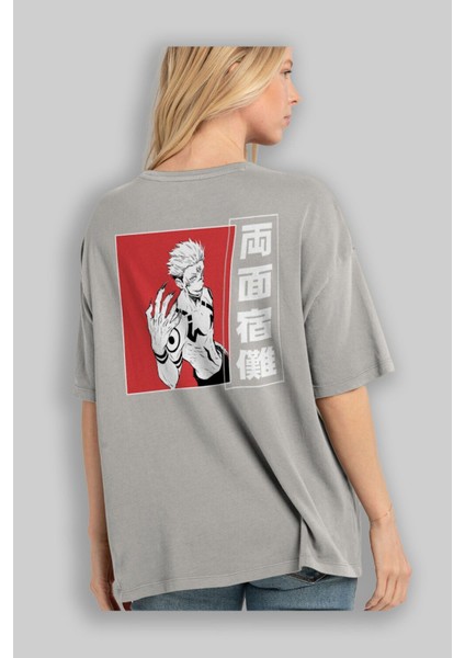 Sukuna Ryoumen 2 Anime Arka Baskılı Gri Oversize T-Shirt %100 Pamuk Erkek Kadın modelleri