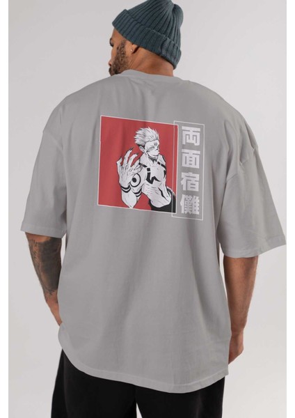Sukuna Ryoumen 2 Anime Arka Baskılı Gri Oversize T-Shirt %100 Pamuk Erkek Kadın indirimleri