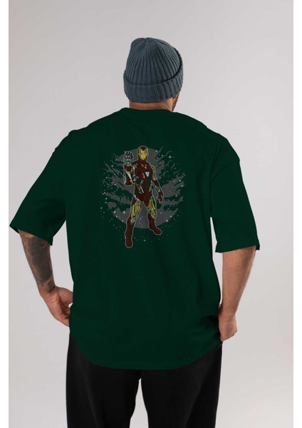 Iron Man 2 Arka Baskılı Zümrüt Yeşili Oversize T-Shirt Unisex Erkek Kadın Bisiklet Yaka