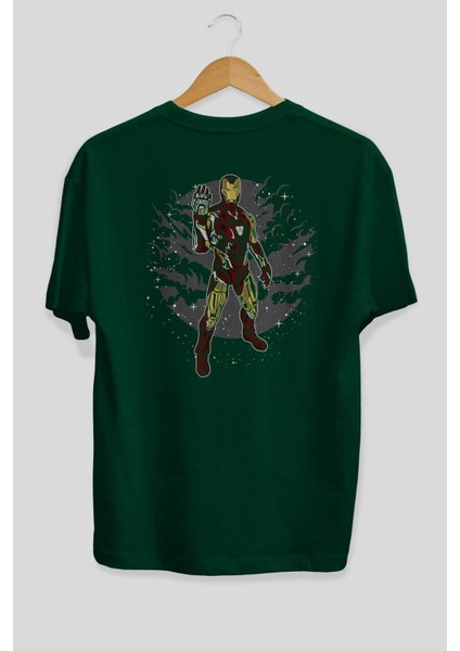 Iron Man 2 Arka Baskılı Zümrüt Yeşili Oversize T-Shirt Unisex Erkek Kadın Bisiklet Yaka