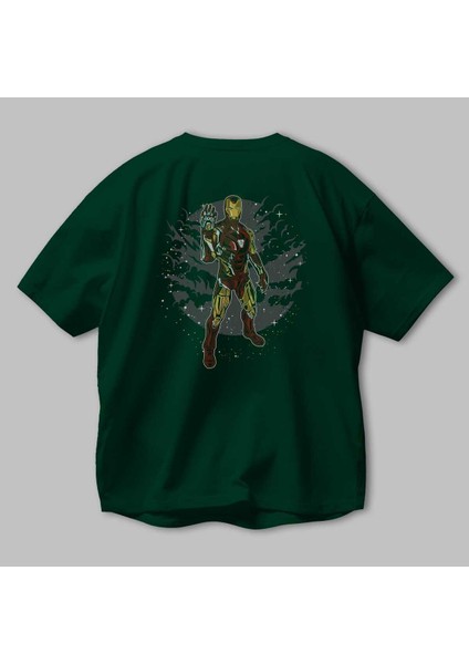 Iron Man 2 Arka Baskılı Zümrüt Yeşili Oversize T-Shirt Unisex Erkek Kadın Bisiklet Yaka