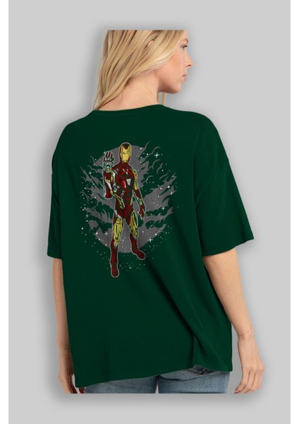Iron Man 2 Arka Baskılı Zümrüt Yeşili Oversize T-Shirt Unisex Erkek Kadın Bisiklet Yaka