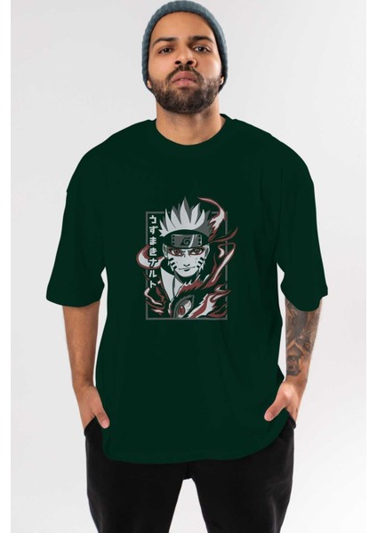 Narutomod Anime Ön Baskılı Zümrüt Yeşili Oversize T-Shirt Erkek Kadın