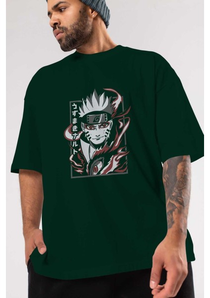 Narutomod Anime Ön Baskılı Zümrüt Yeşili Oversize T-Shirt Erkek Kadın modelleri
