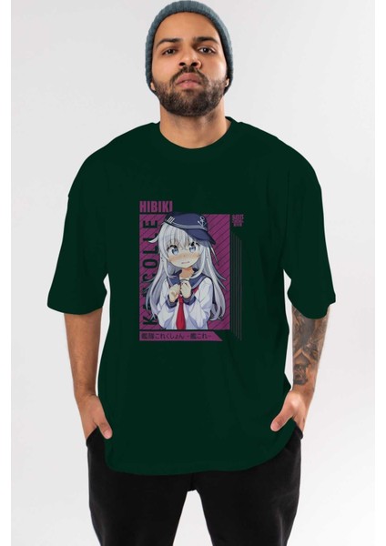 Hibiki 4 Anime Ön Baskılı Zümrüt Yeşili Oversize T-Shirt Erkek Kadın