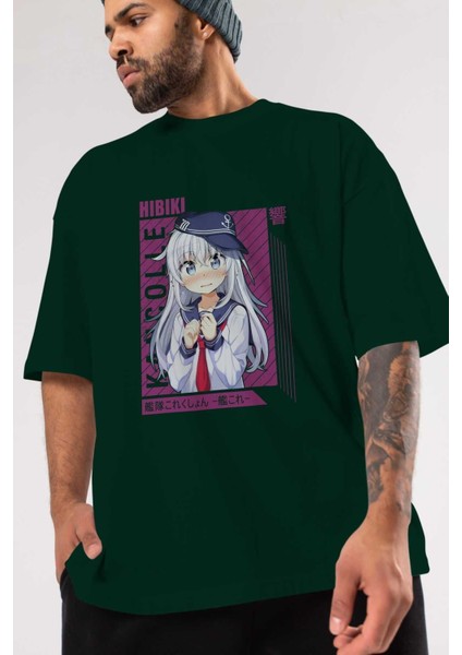 Hibiki 4 Anime Ön Baskılı Zümrüt Yeşili Oversize T-Shirt Erkek Kadın modelleri