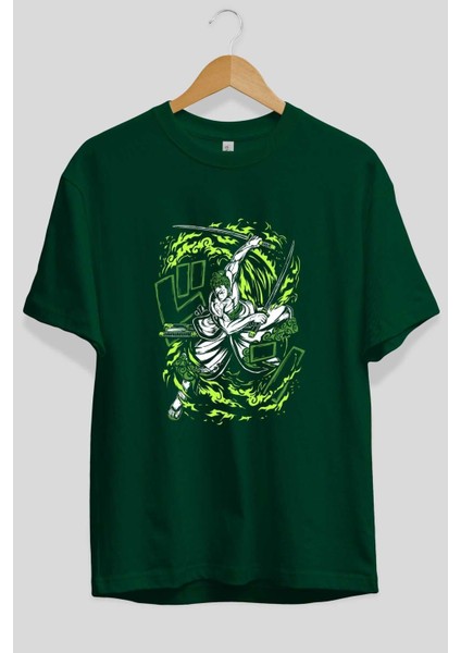 Zoro-One Pıece (2) Anime Ön Baskılı Zümrüt Yeşili Oversize T-Shirt Erkek Kadın fiyatları
