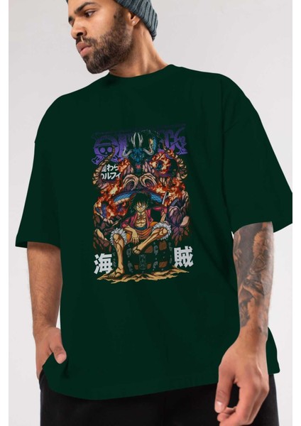 Monkey D. Luffy 2 Anime Ön Baskılı Zümrüt Yeşili Oversize T-Shirt Erkek Kadın