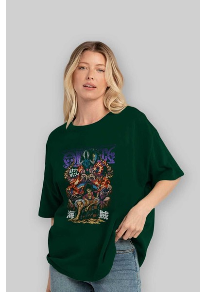 Monkey D. Luffy 2 Anime Ön Baskılı Zümrüt Yeşili Oversize T-Shirt Erkek Kadın