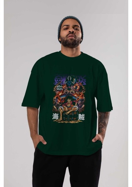 Monkey D. Luffy 2 Anime Ön Baskılı Zümrüt Yeşili Oversize T-Shirt Erkek Kadın