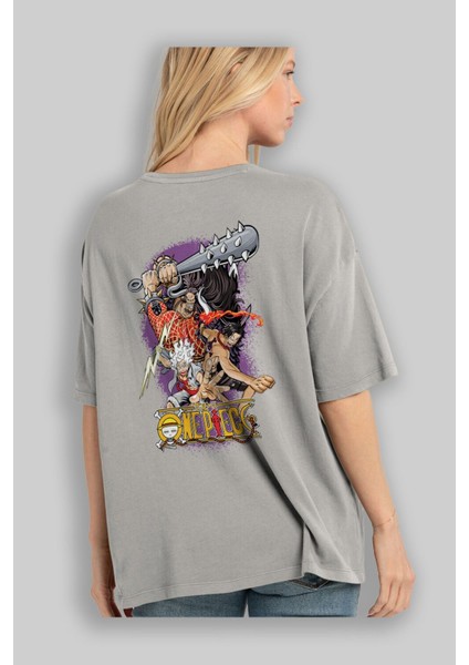 One Pıece (6) Anime Arka Baskılı Gri Oversize T-Shirt %100 Pamuk Erkek Kadın