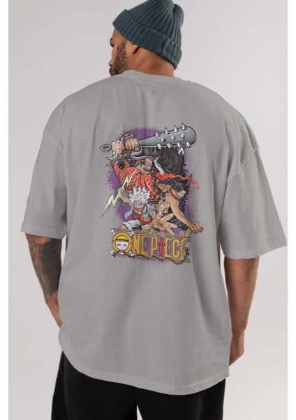 One Pıece (6) Anime Arka Baskılı Gri Oversize T-Shirt %100 Pamuk Erkek Kadın