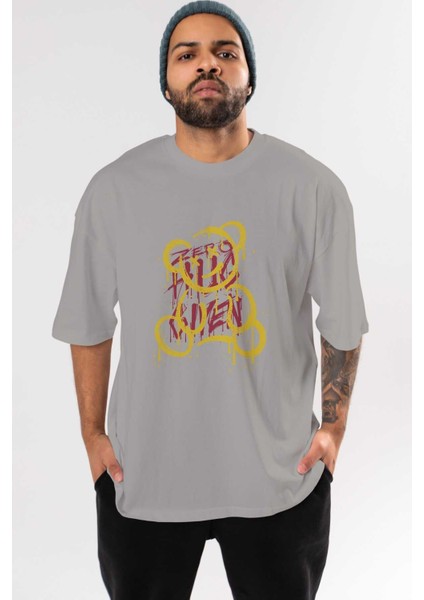 Zero Hug Bear Ön Baskılı Gri Oversize T-Shirt Unisex Erkek Kadın Bisiklet Yaka