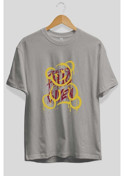 Zero Hug Bear Ön Baskılı Gri Oversize T-Shirt Unisex Erkek Kadın Bisiklet Yaka fiyatları