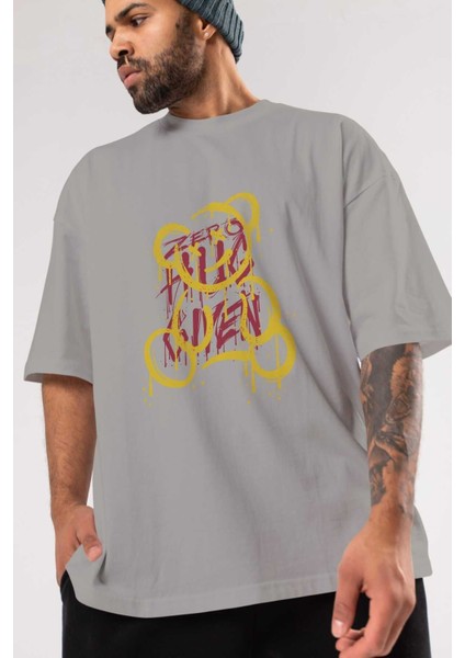 Zero Hug Bear Ön Baskılı Gri Oversize T-Shirt Unisex Erkek Kadın Bisiklet Yaka modelleri