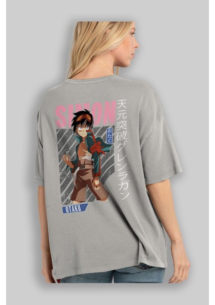 Simon 5 Anime Arka Baskılı Gri Oversize T-Shirt %100 Pamuk Erkek Kadın modelleri