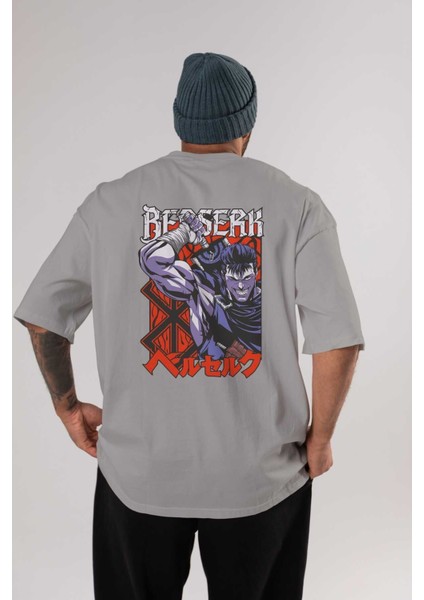Guts Berserk Anime Arka Baskılı Gri Oversize T-Shirt %100 Pamuk Erkek Kadın