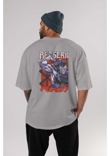 Guts Berserk Anime Arka Baskılı Gri Oversize T-Shirt %100 Pamuk Erkek Kadın fırsatları