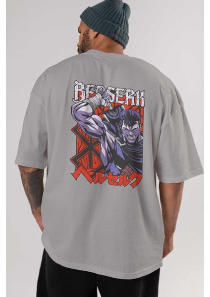 Guts Berserk Anime Arka Baskılı Gri Oversize T-Shirt %100 Pamuk Erkek Kadın indirimleri