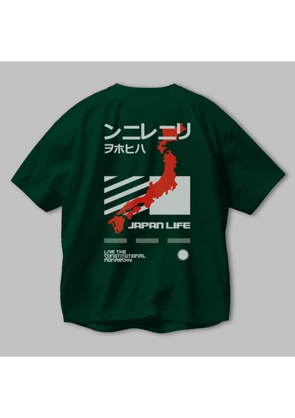 Japan Life Arka Baskılı Zümrüt Yeşili Oversize T-Shirt Unisex Erkek Kadın Bisiklet Yaka modelleri