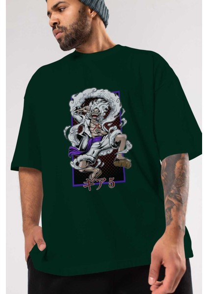 Monkey D. Luffy Gear5 Anime Ön Baskılı Zümrüt Yeşili Oversize T-Shirt Erkek Kadın modelleri