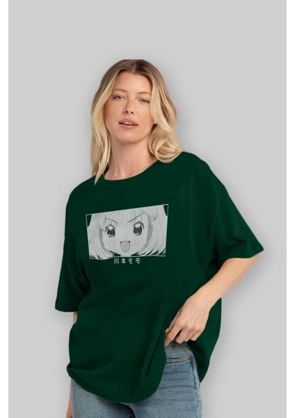Momo Kawamoto 1 Anime Ön Baskılı Zümrüt Yeşili Oversize T-Shirt Erkek Kadın fırsatları