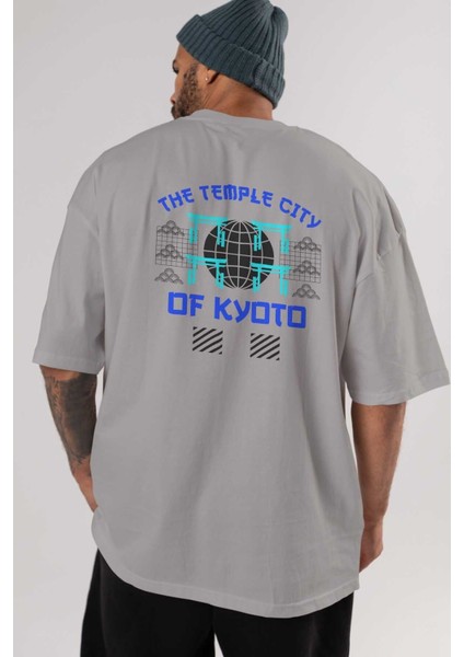 The Temple City Of Kyoto Arka Baskılı Gri Oversize T-Shirt Unisex Erkek Kadın Bisiklet Yaka indirimleri