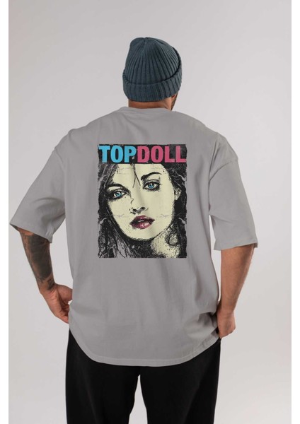 Topdoll Streetwear Arka Baskılı Gri Oversize T-Shirt Unisex Erkek Kadın Bisiklet Yaka
