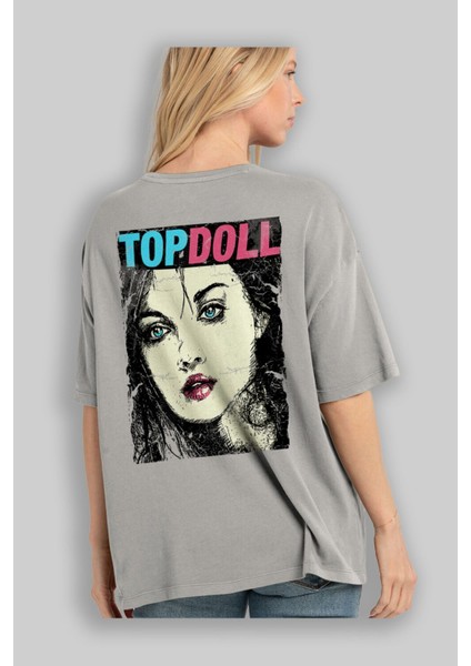 Topdoll Streetwear Arka Baskılı Gri Oversize T-Shirt Unisex Erkek Kadın Bisiklet Yaka modelleri