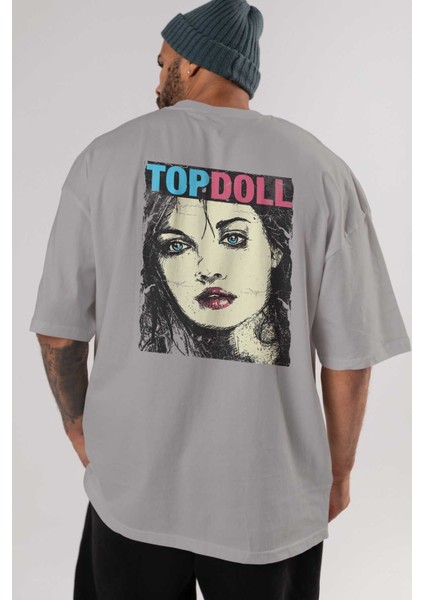 Topdoll Streetwear Arka Baskılı Gri Oversize T-Shirt Unisex Erkek Kadın Bisiklet Yaka indirimleri