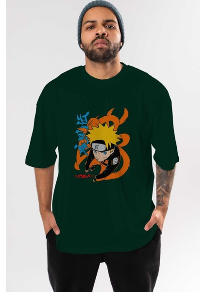 Naruto Uzumaki 1 Anime Ön Baskılı Zümrüt Yeşili Oversize T-Shirt Erkek Kadın