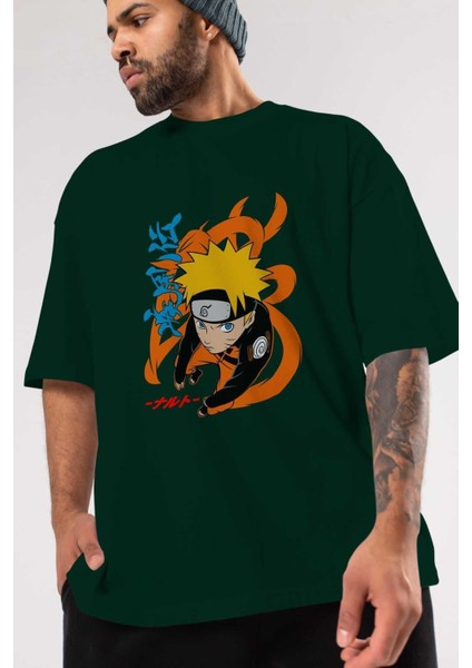 Naruto Uzumaki 1 Anime Ön Baskılı Zümrüt Yeşili Oversize T-Shirt Erkek Kadın modelleri
