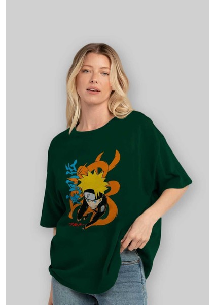 Naruto Uzumaki 1 Anime Ön Baskılı Zümrüt Yeşili Oversize T-Shirt Erkek Kadın fırsatları