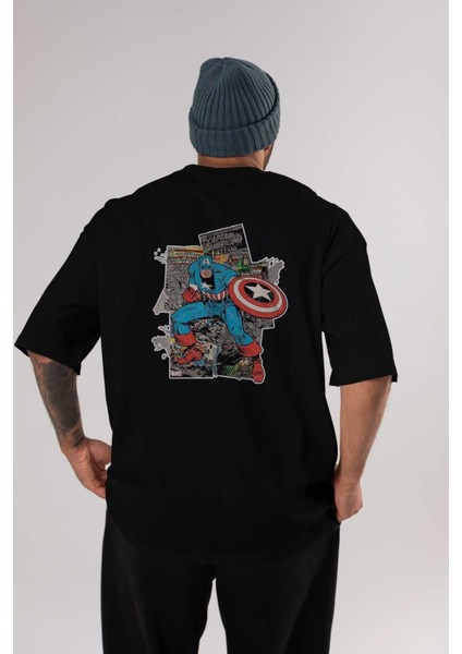 Captain America (2) Arka Baskılı Siyah Oversize T-Shirt Bisiklet Yaka Pamuk Erkek Kadın