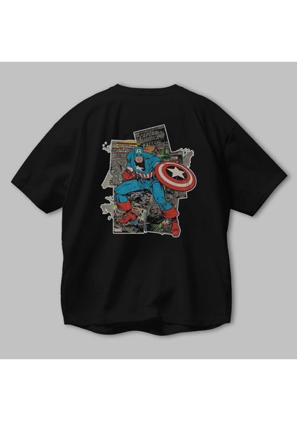 Captain America (2) Arka Baskılı Siyah Oversize T-Shirt Bisiklet Yaka Pamuk Erkek Kadın
