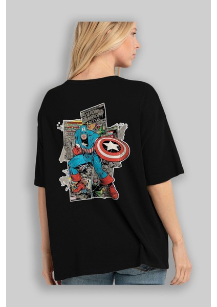 Captain America (2) Arka Baskılı Siyah Oversize T-Shirt Bisiklet Yaka Pamuk Erkek Kadın