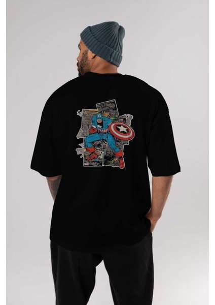 Captain America (2) Arka Baskılı Siyah Oversize T-Shirt Bisiklet Yaka Pamuk Erkek Kadın
